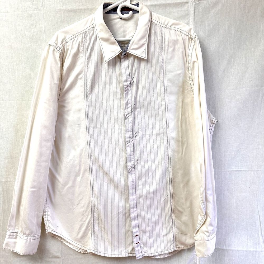 7 For All Mankind Mens Shirt XL Ivory Striped Front Panel Cotton Button Up